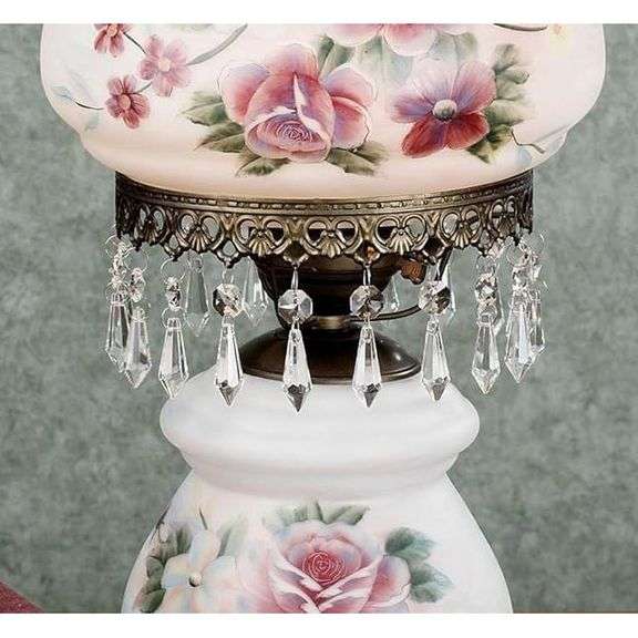 Victorian Style Hurricane Rose Table Lamp with Crystal Beads