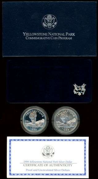 1999 Yellowstone 2-Piece Proof & BU Commemorative Set. Box/CoA