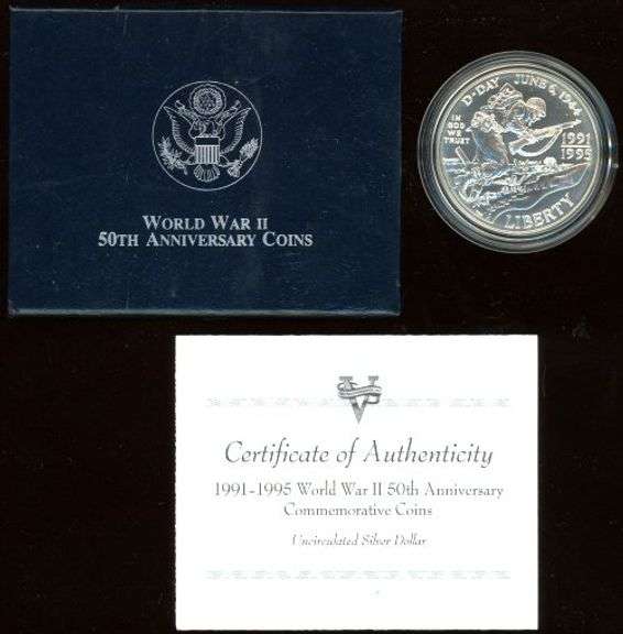 2 Different BU Commemorative Silver Dollars w/Box & CoA: WWII & White House