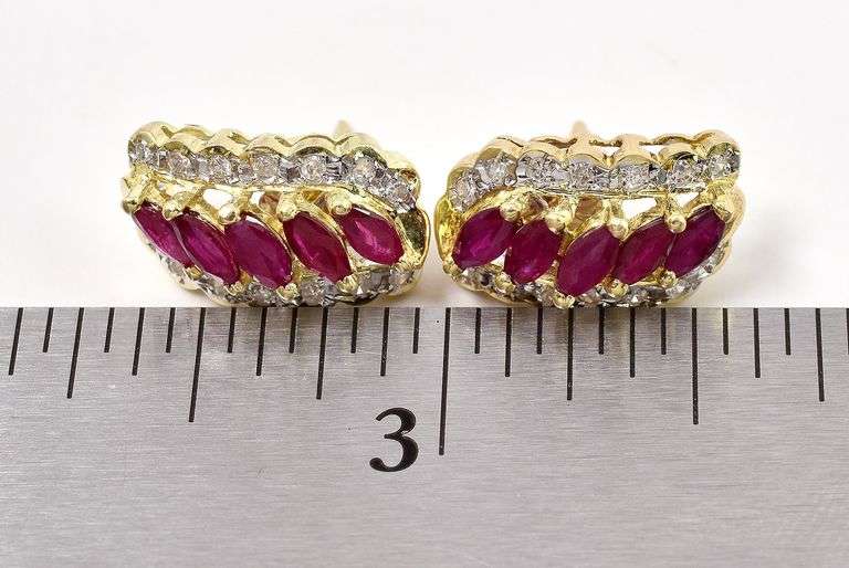 Brilliant 14K Yellow Gold Ruby Gemstone and Diamond Dangle Earrings