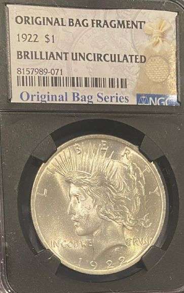 1922 NGC Brilliant Uncirculated Peace $ With Original Bag Fragment