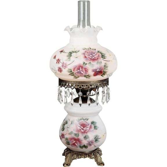 Victorian Style Hurricane Rose Table Lamp with Crystal Beads