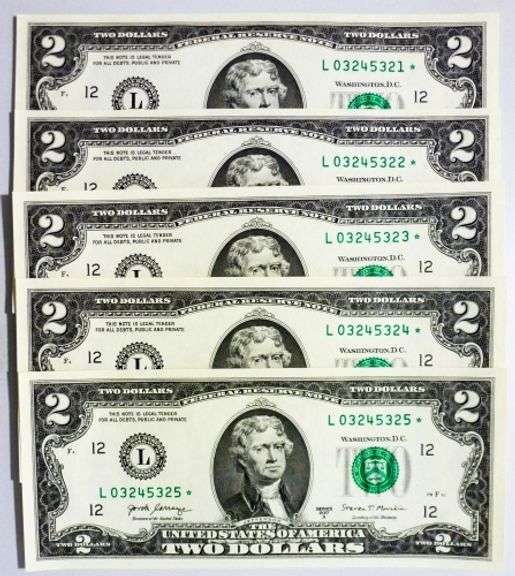 (5) Superb Crisp 2017A $2 Dollar Star Replacement Notes San Francisco Consecutive!