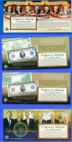4 Different Commemorative $2 Bank Notes in Original Packaging w/CoA