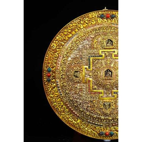 Rare Temple Collection Tibetan Silver Gold & Gilded Mosaic Gem Thangka Mandala