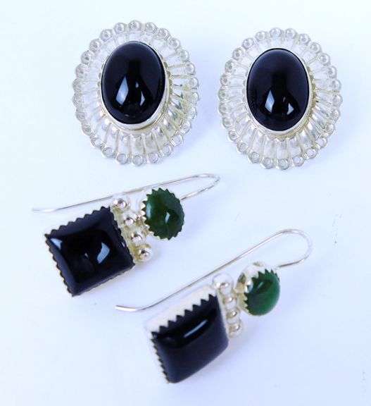 2 Pairs Sterling, Black Onyx & Gemstone Earrings