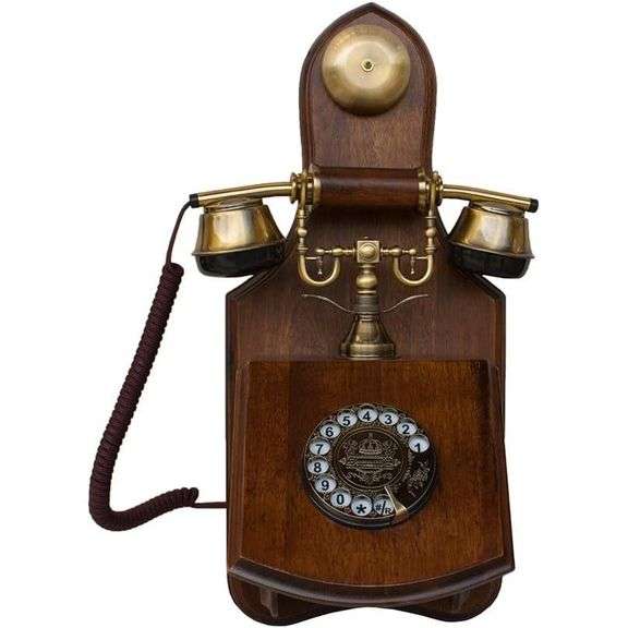 1921 Vintage Wooden Telephone with Rotary Dial and Metal Bell