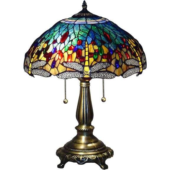 Vintage Tiffany Dragonfly Stained Glass Table Lamp