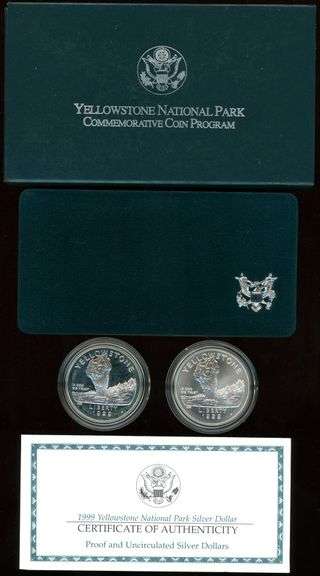 1999 Yellowstone 2-Piece Proof & BU Commemorative Set. Box/CoA