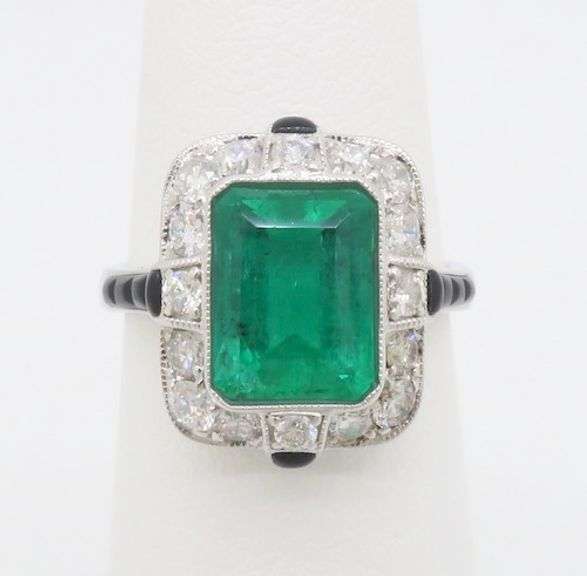 Natural Emerald & Diamond Ring in 18k White Gold