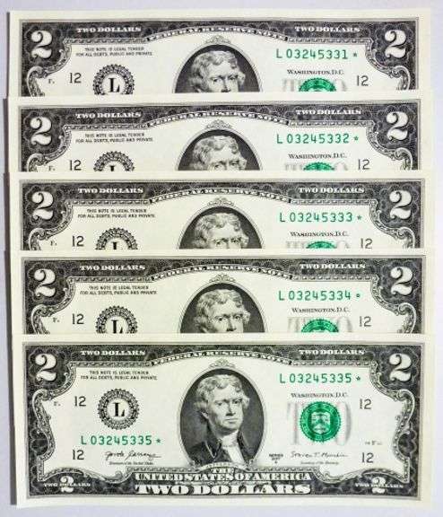 (5) Superb Crisp 2017A $2 Dollar Star Replacement Notes San Francisco Consecutive!