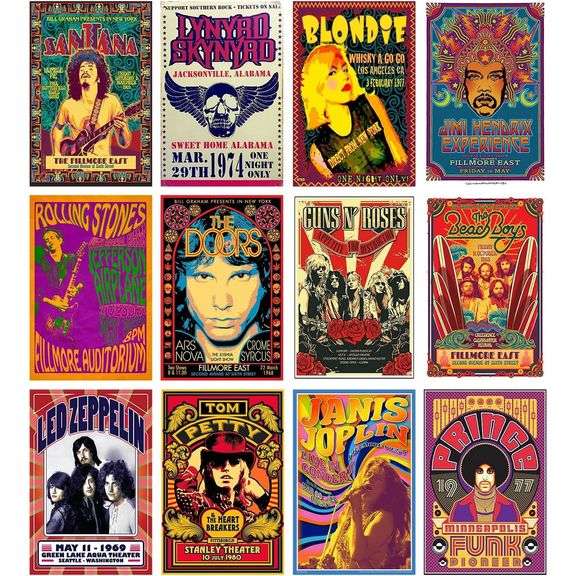 12 Vintage Rock Band Posters Retro Music Wall Art