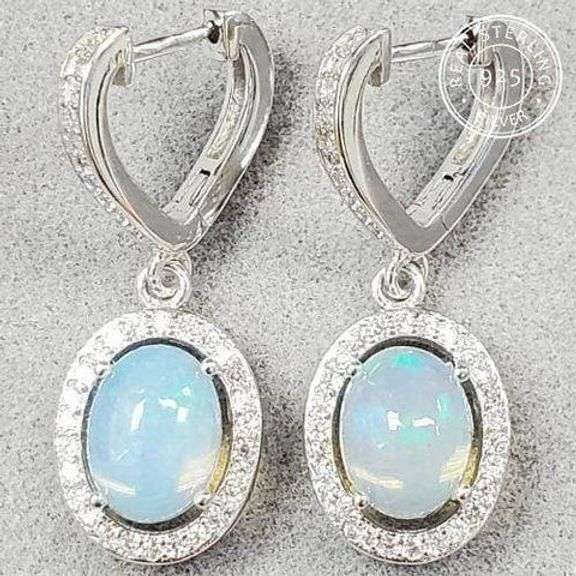 GENUINE ETHIOPIAN OPAL & CREATED WHITE SAPPHIRE STERLING SILVER EARRINGS