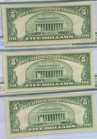 3 $5 1953 PMG 63 Choice Unc EPQ US Notes