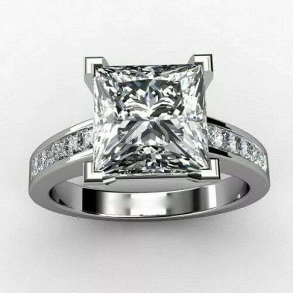 14 K White Gold Plated Huge 5 Ct Princess Cut Lab Simulated Diamond Ring