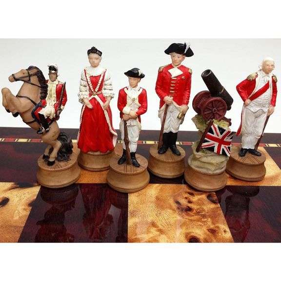 18" Cherry & Burlwood Board American Revolutionary Chess Set