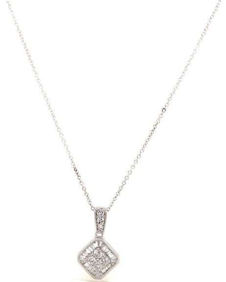 14kt White gold baguette and round diamond pendant on chain necklace