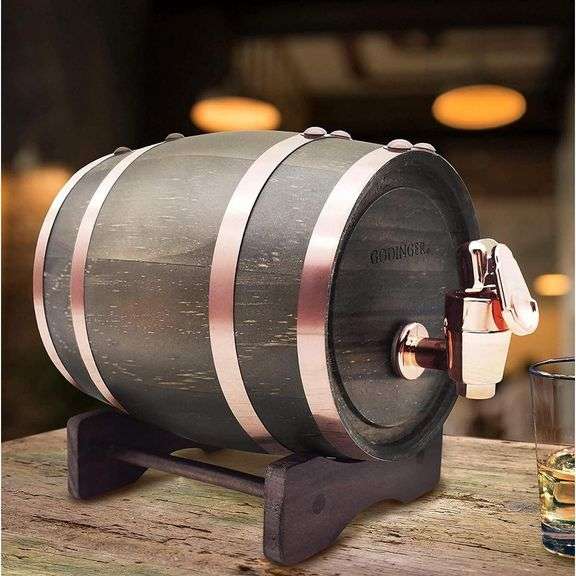 Vintage Walnut-Stained Wooden Barrel Liquor Dispenser