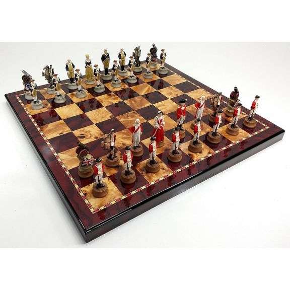 18" Cherry & Burlwood Board American Revolutionary War Chess Set