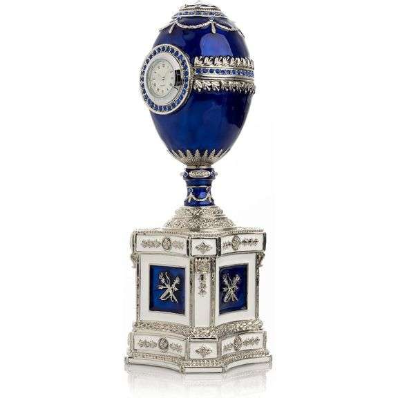 Limited Edition Blue Faberge Egg with Pearl and Clock