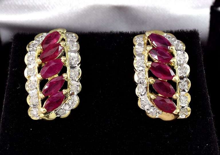Brilliant 14K Yellow Gold Ruby Gemstone and Diamond Dangle Earrings