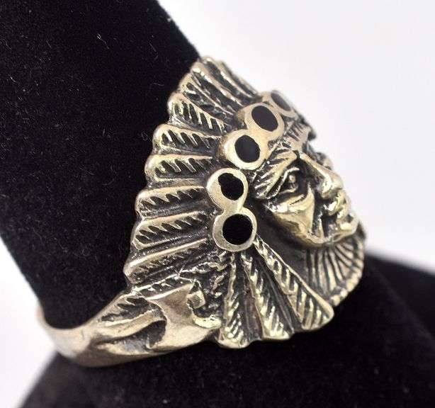 Black Onyx Indian Head Ring in Sterling Silver