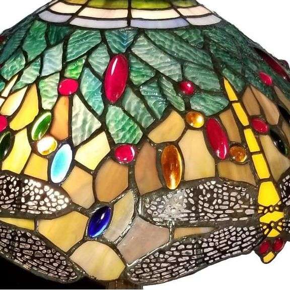 Vintage Tiffany Dragonfly Stained Glass Table Lamp