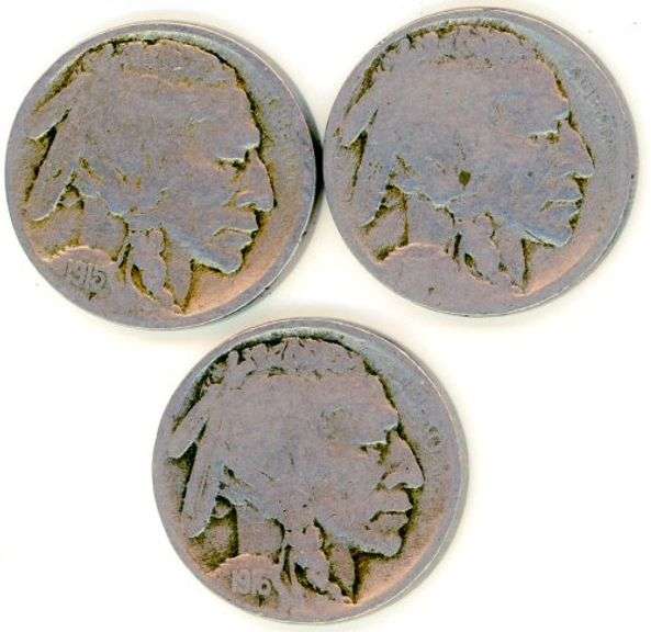 3 Different Buffalo Nickels: 1915, 1916, & 1916-S