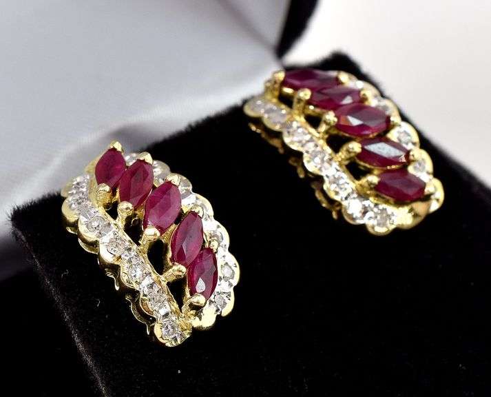 Brilliant 14K Yellow Gold Ruby Gemstone and Diamond Dangle Earrings