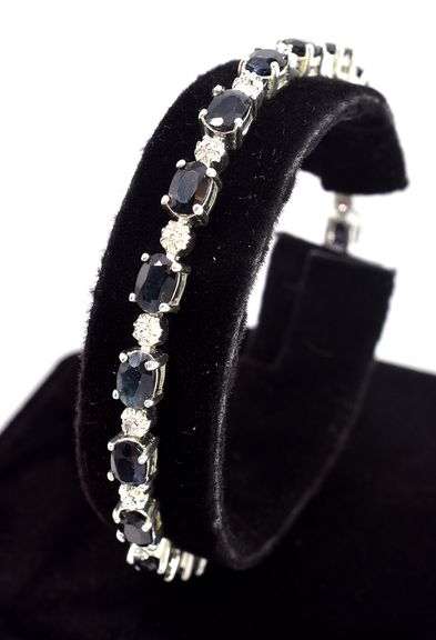 Blue Sapphire Gemstone and Diamond Bracelet in Sterling Silver
