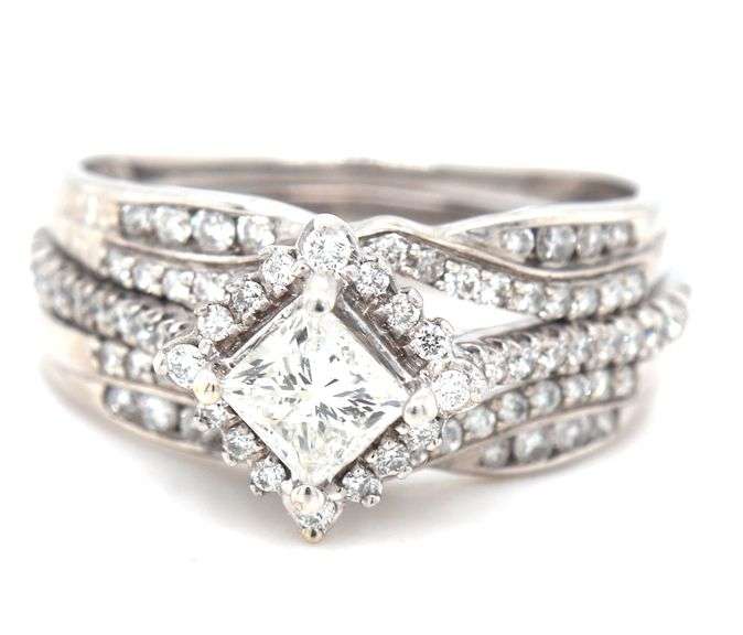 14kt White gold 0.60ctw princess cut diamond engagement ring with diamond wrap