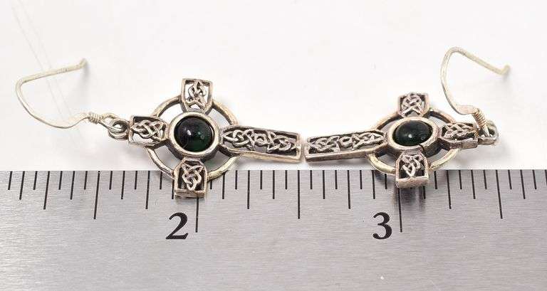 Emerald Gemstone Cross Gemstone Dangle Earrings in Sterling Silver