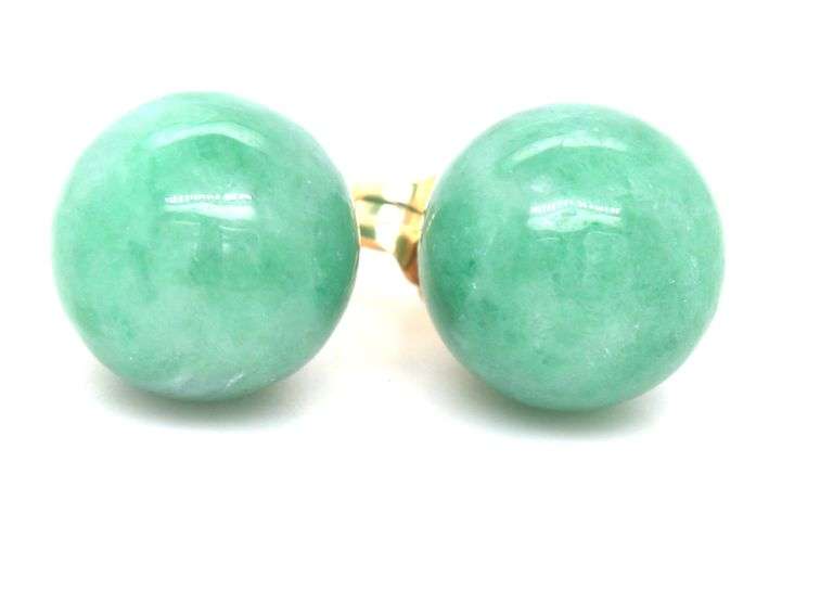 14kt Yellow gold 10mm Green Jade ball earrings