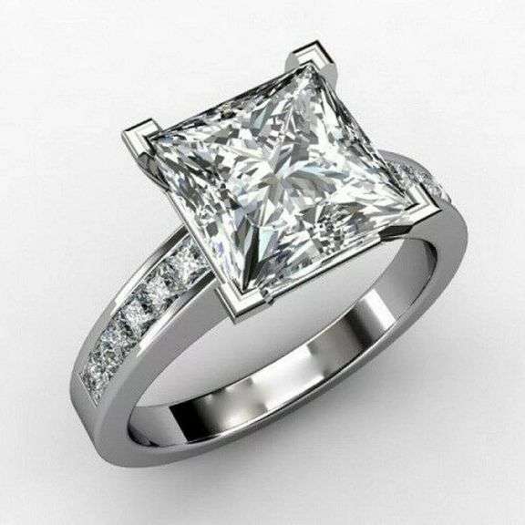 14 K White Gold Plated Huge 5 Ct Princess Cut Lab Simulated Diamond Ring