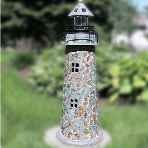 35-inch Decorative Cobblestone Solar Garden Lighthouse