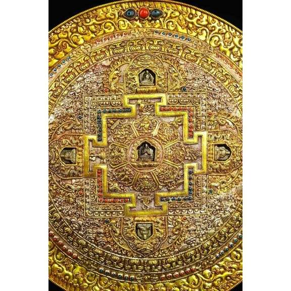 Rare Temple Collection Tibetan Silver Gold & Gilded Mosaic Gem Thangka Mandala