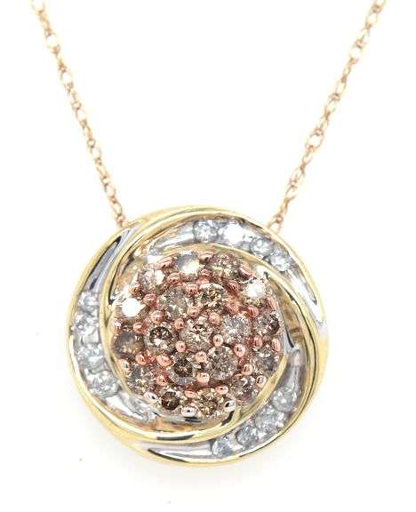 10kt Yellow gold Chocolate and white diamond cluster pendant on chain necklace