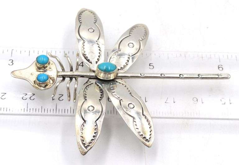 925 Sterling silver signed turquoise dragon fly pin