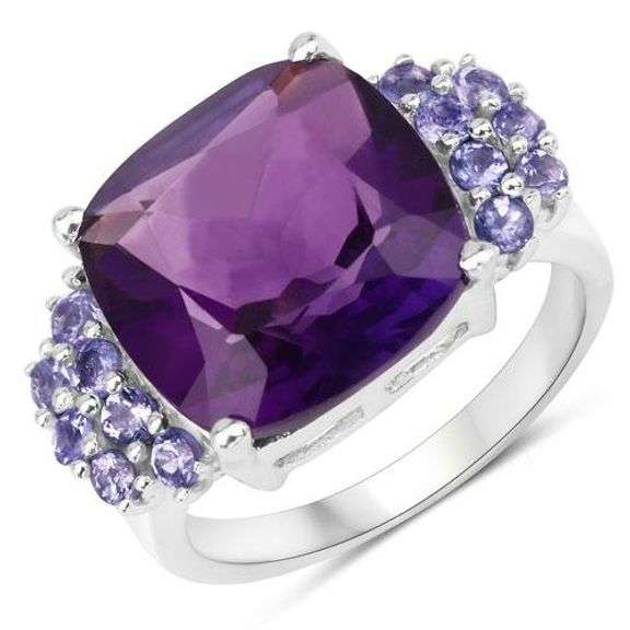 6k Genuine Amethyst and Tanzanite in .925 Sterling Silver Ring