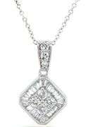 14kt White gold baguette and round diamond pendant on chain necklace