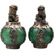 Chinese Silver Dragon & Jade Lion Statue Pair