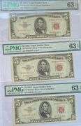 3 $5 1953 PMG 63 Choice Unc EPQ US Notes