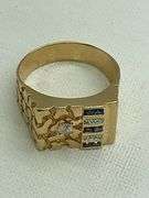 MEN'S CERTIFIED 14K YELLOW GOLD NUGGET RING WITH DIAMONDS AND SAPPHIRES