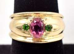 Splendid 10K Yellow Gold Pink Topaz and Emerald Gemstone Ring