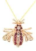 14KT Yellow gold Ruby and diamond bee pendant on chain
