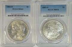 2 Near Gem BU PCGS MS64 graded 1884-O & 1885-O Morgan Silver Dollars