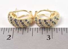 Impressive 14K Yellow Gold Diamond and Blue Sapphire Gemstone J-Hoop Earrings