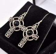 Emerald Gemstone Cross Gemstone Dangle Earrings in Sterling Silver