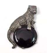 Jaguar Pin with Black Onyx and Marcasite Gemstone in Sterling Silver