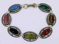 Vintage Sterling Carved Agate Scarab Bracelet